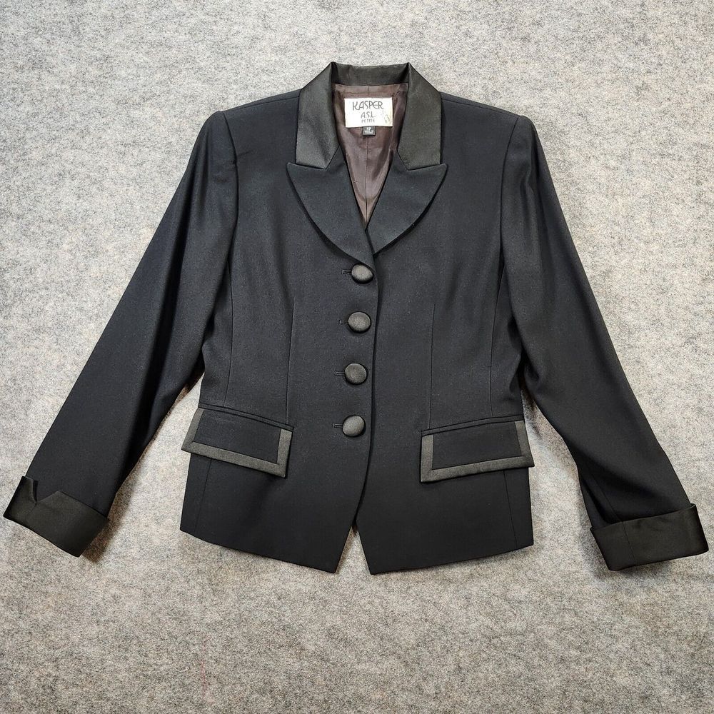 Kasper ASL Petite Blazer Women 6P Black Long Sleeve Fabric Button Career Vintage